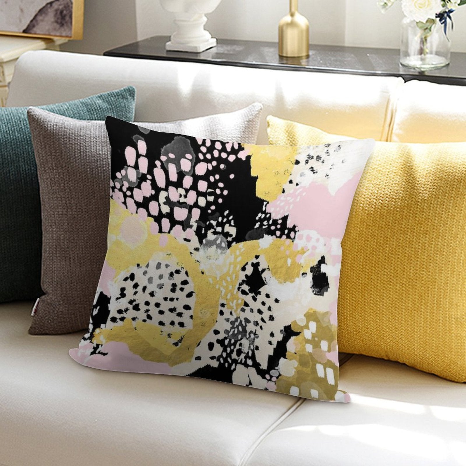 Simone - Abstract Painting Gold Foil Trendy Hipster Pastel Pink Modern Trendy Colors Decor College Soft Multiple Sizes Throw Pillow