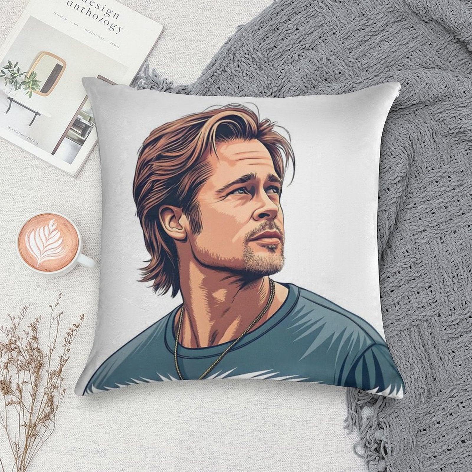 Handsome Icon Illustrated Tribute to Brad Pitt Soft High-Density Material Throw Pillow