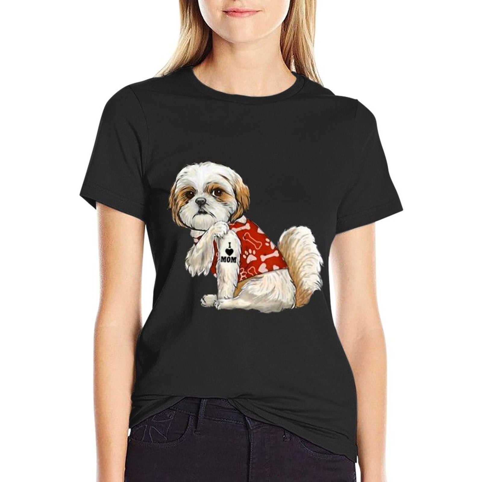 I Love Mom Tattoo Shih Tzu Mom Funny Mothers Day Gift  Ribbed Collar T-Shirt