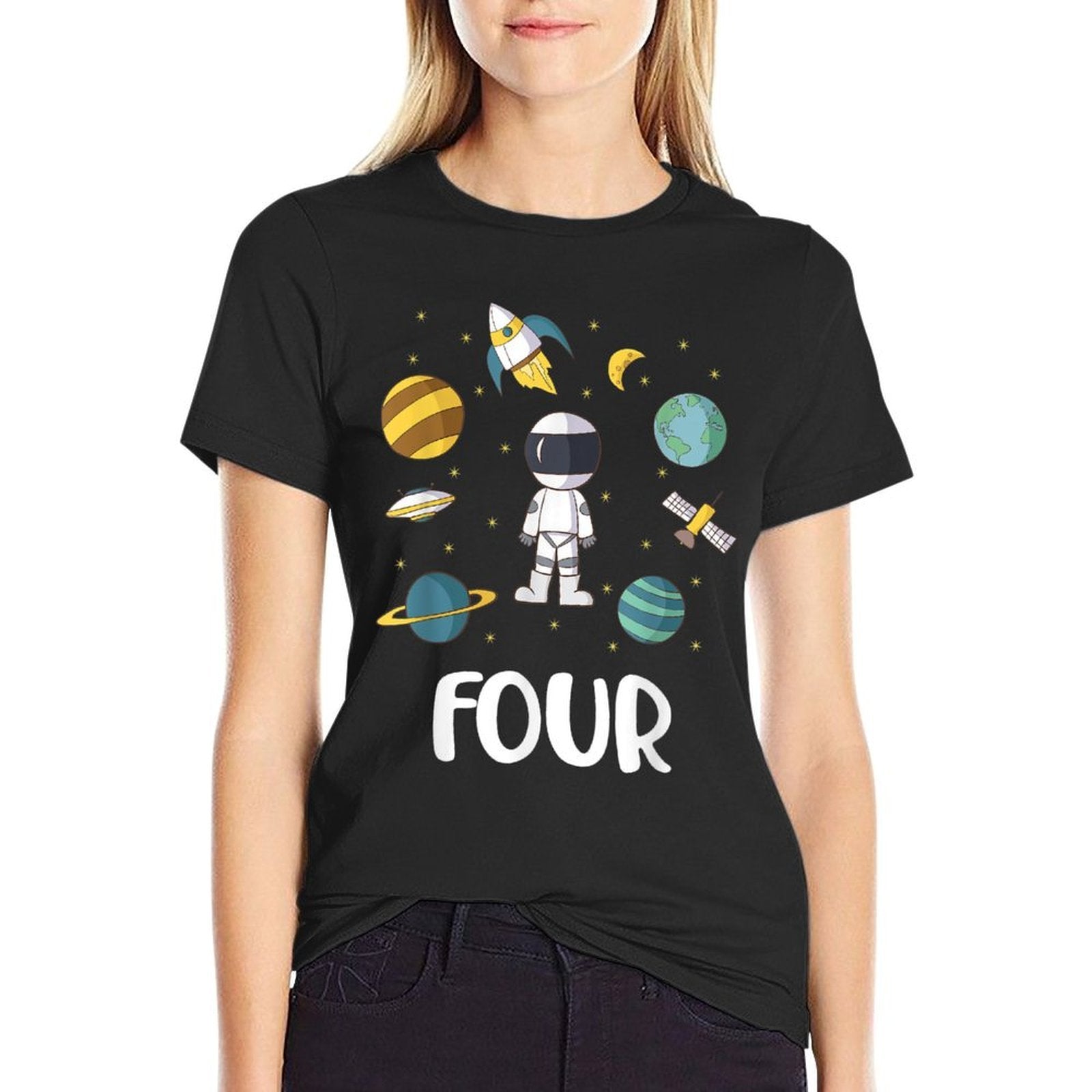 Outer Space 4 Year Old 4th Birthday Party Astronaut Planet  Trendy Pattern T-Shirt