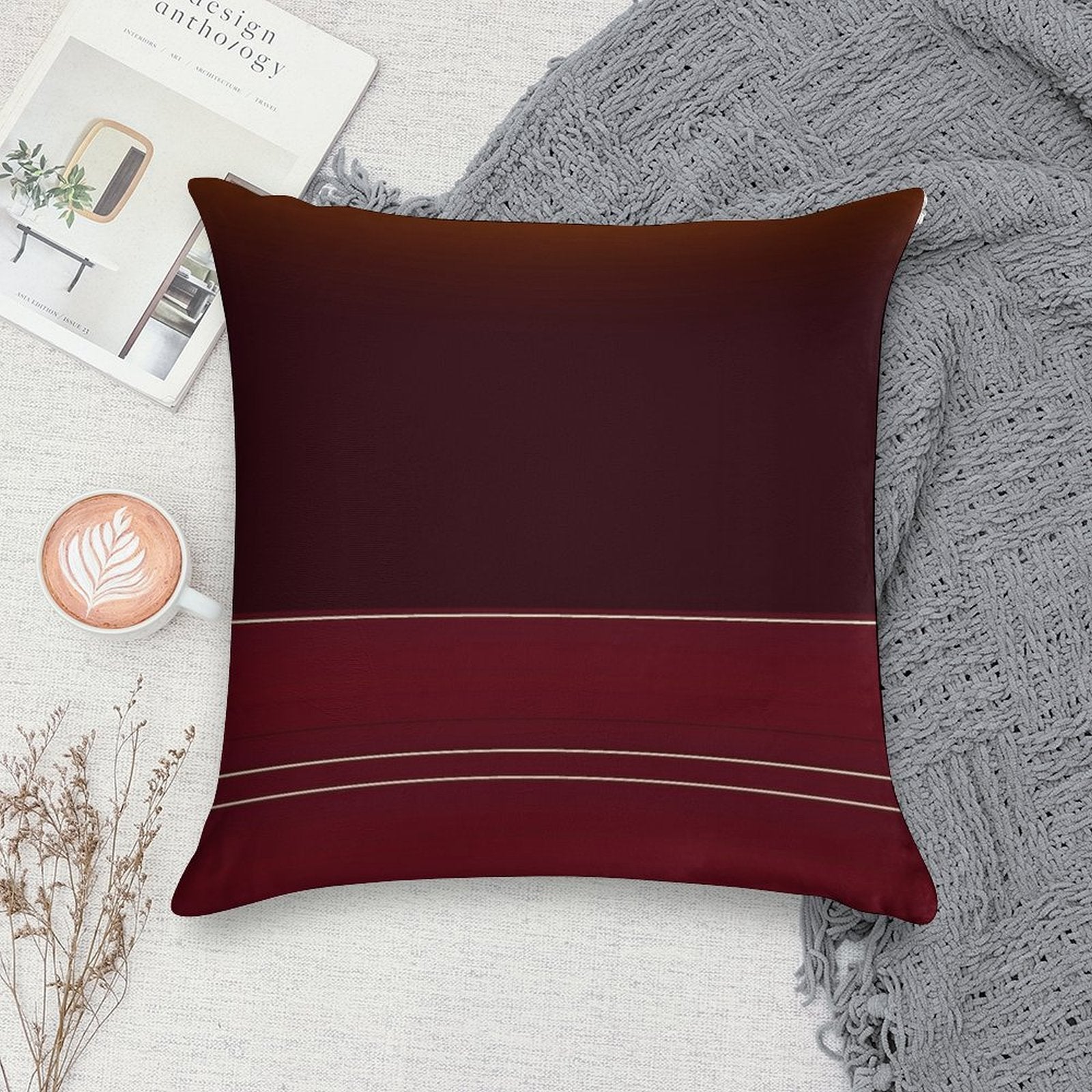 Rich Burgundy Ombre Wine with Gold Stripes Soft Reinforced Edging Throw Pillow