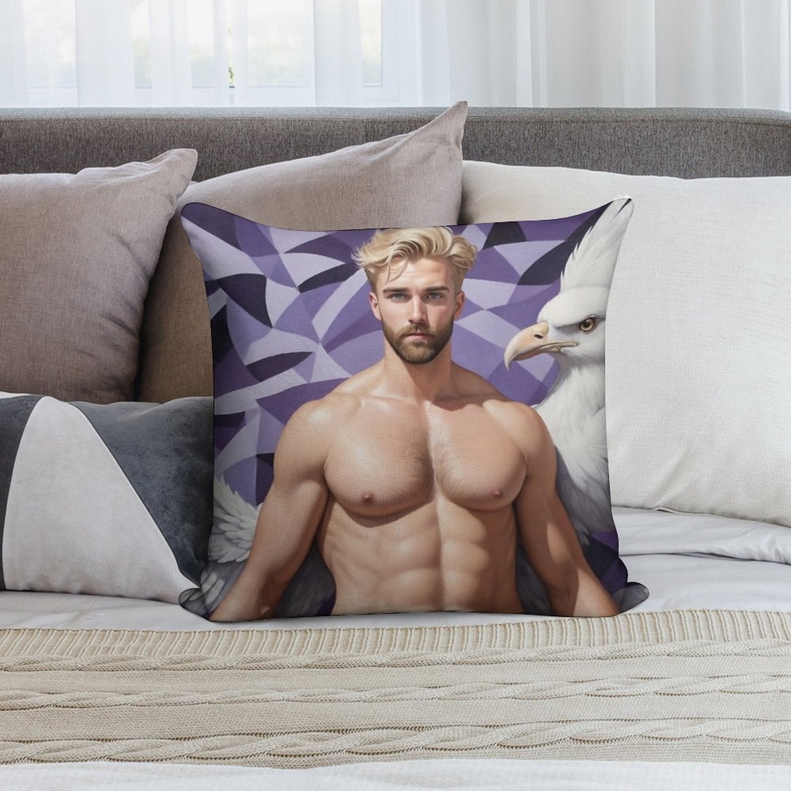 Sexy Guy Portrait Maurice Escher Inspired Background 2 Soft Shrink-Resistant Throw Pillow