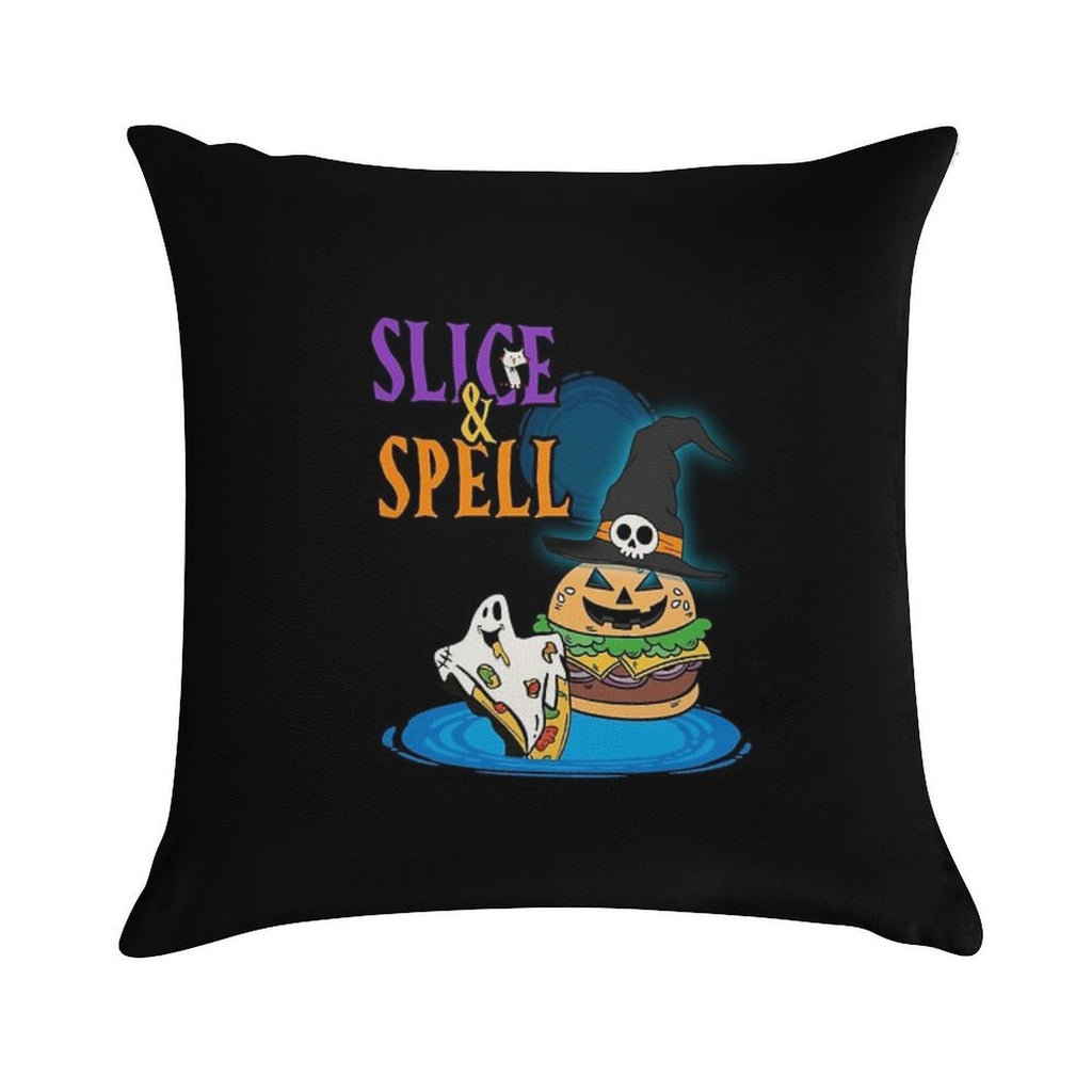 Slice And Spell Halloween Burger Pizza Shirt Soft Fade-Resistant Throw Pillow