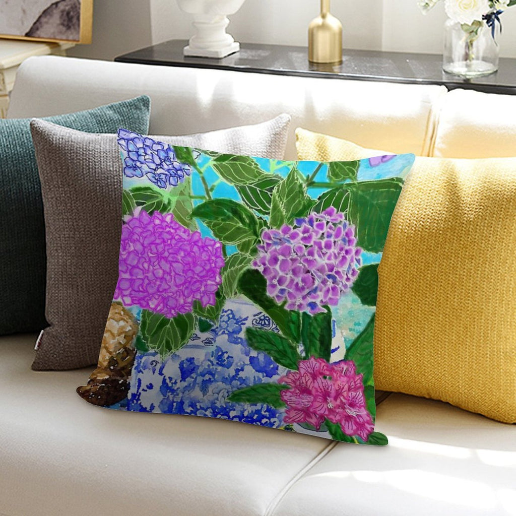 Hydrangea in Chinoiserie Jars Soft Shrink-Resistant Throw Pillow