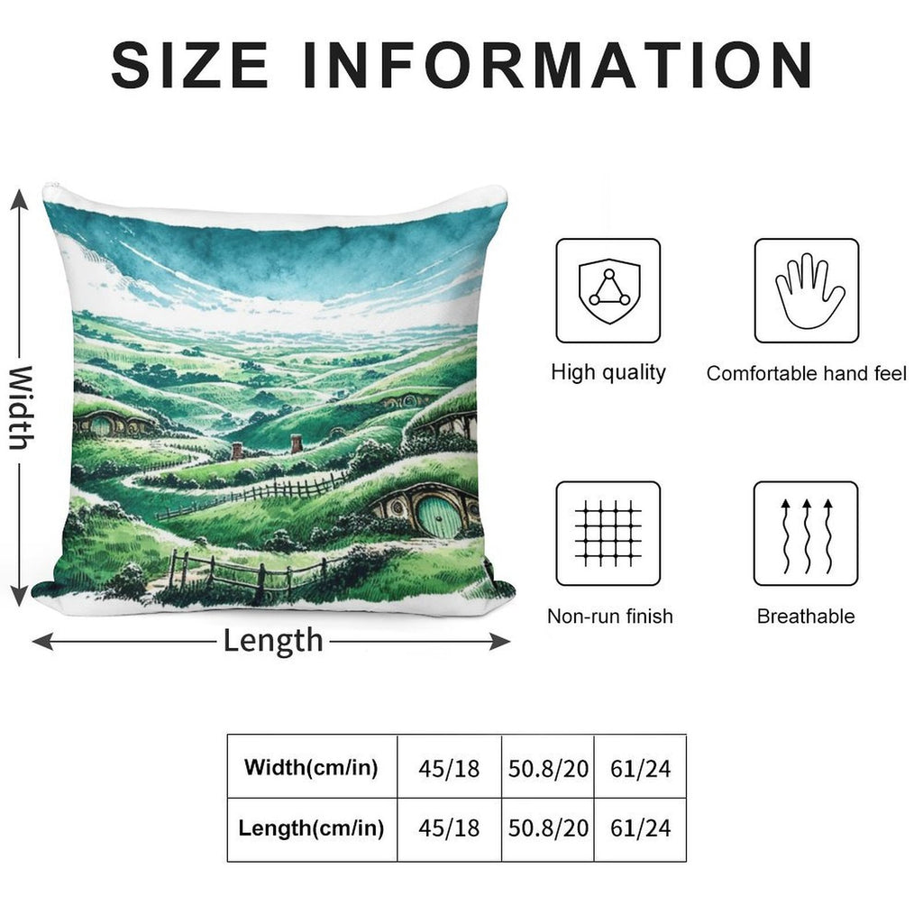 Panoramic Sumi-e Hobbiton Tranquil Fantasy Ink Landscape Soft Luxury Feel Throw Pillow