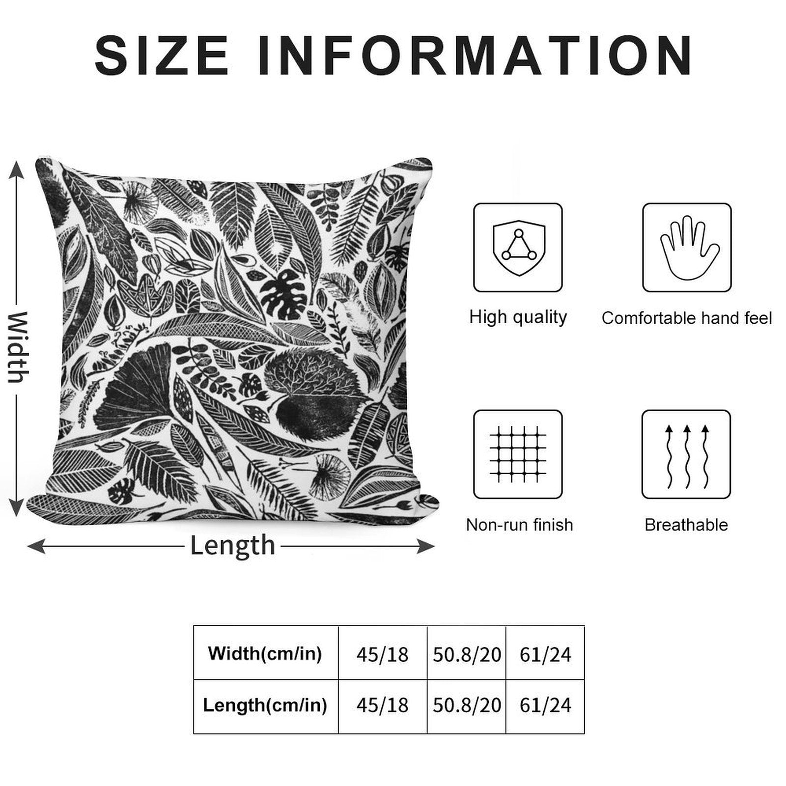 Mixed Leaves, Lino Cut Printed Nature Inspired Hand Printed Pattern Soft Washable Throw Pillow