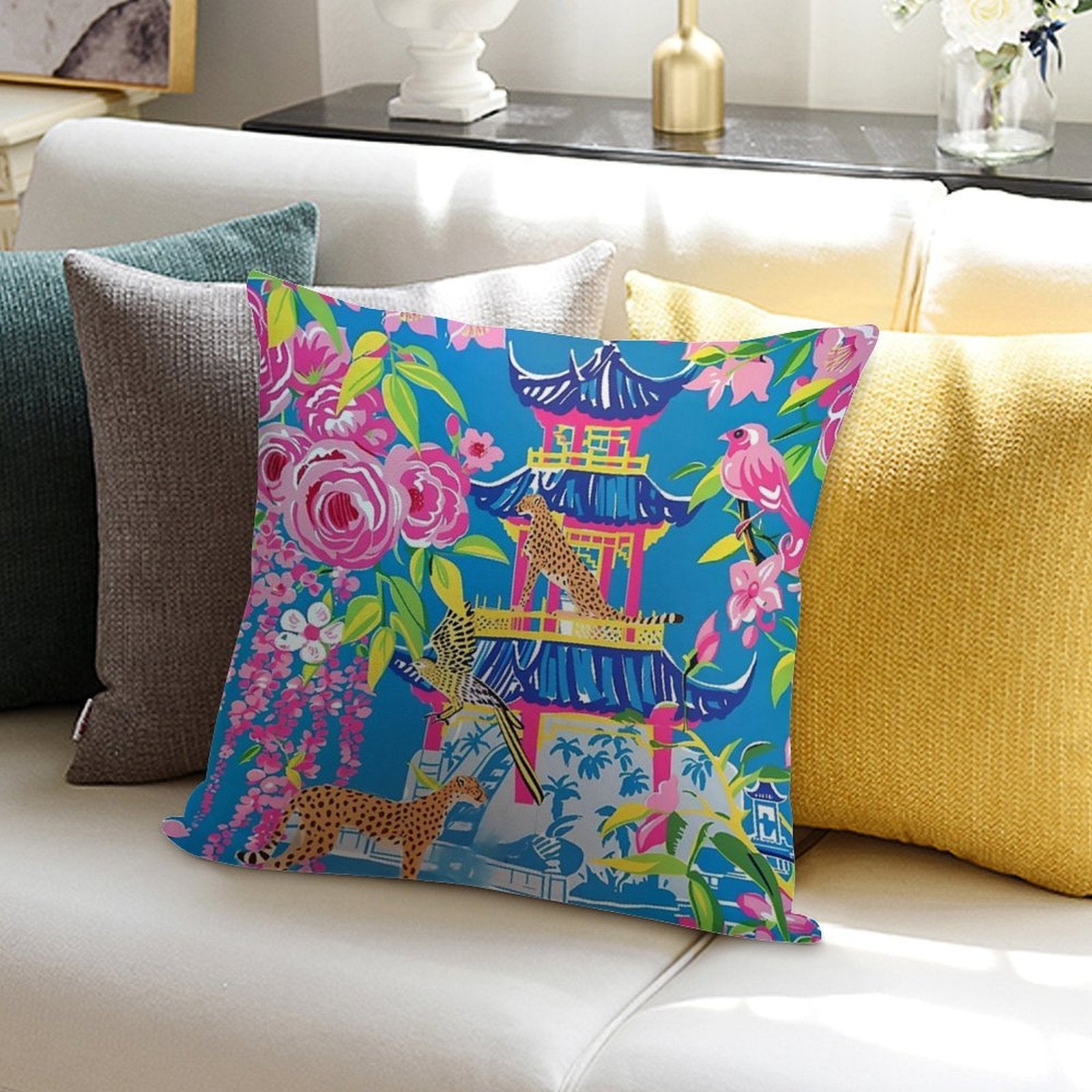 Preppy Cheetah in Chinoiserie Garden in Pink And Cornflower Blue Soft Decorative Cover Throw Pillow