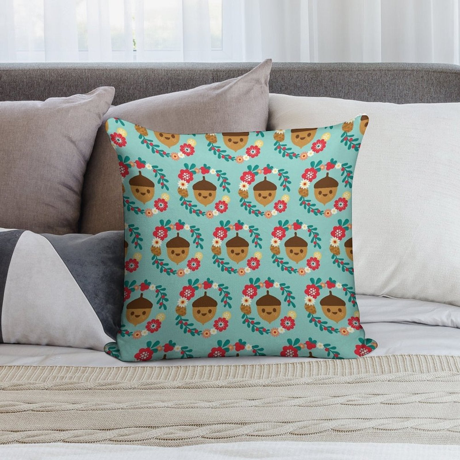 Acorn And Flowers Pattern Design  Blue Soft Durable Construction Throw Pillow
