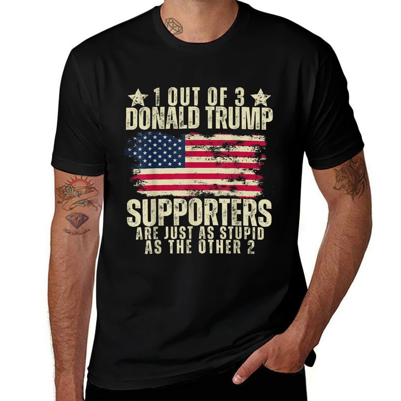 Funny American Voters United States Patriots 2024 1 Out Of 3 Donald Trump Supporters As Stupid As The Other 2, Small  Rolled Sleeves T-Shirt