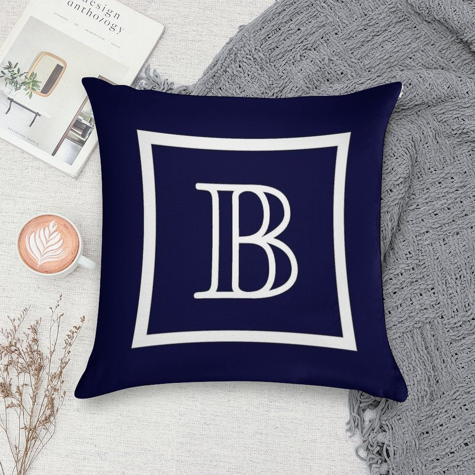 Navy Blue White Monogram B In A Square Soft High-Density Material Throw Pillow