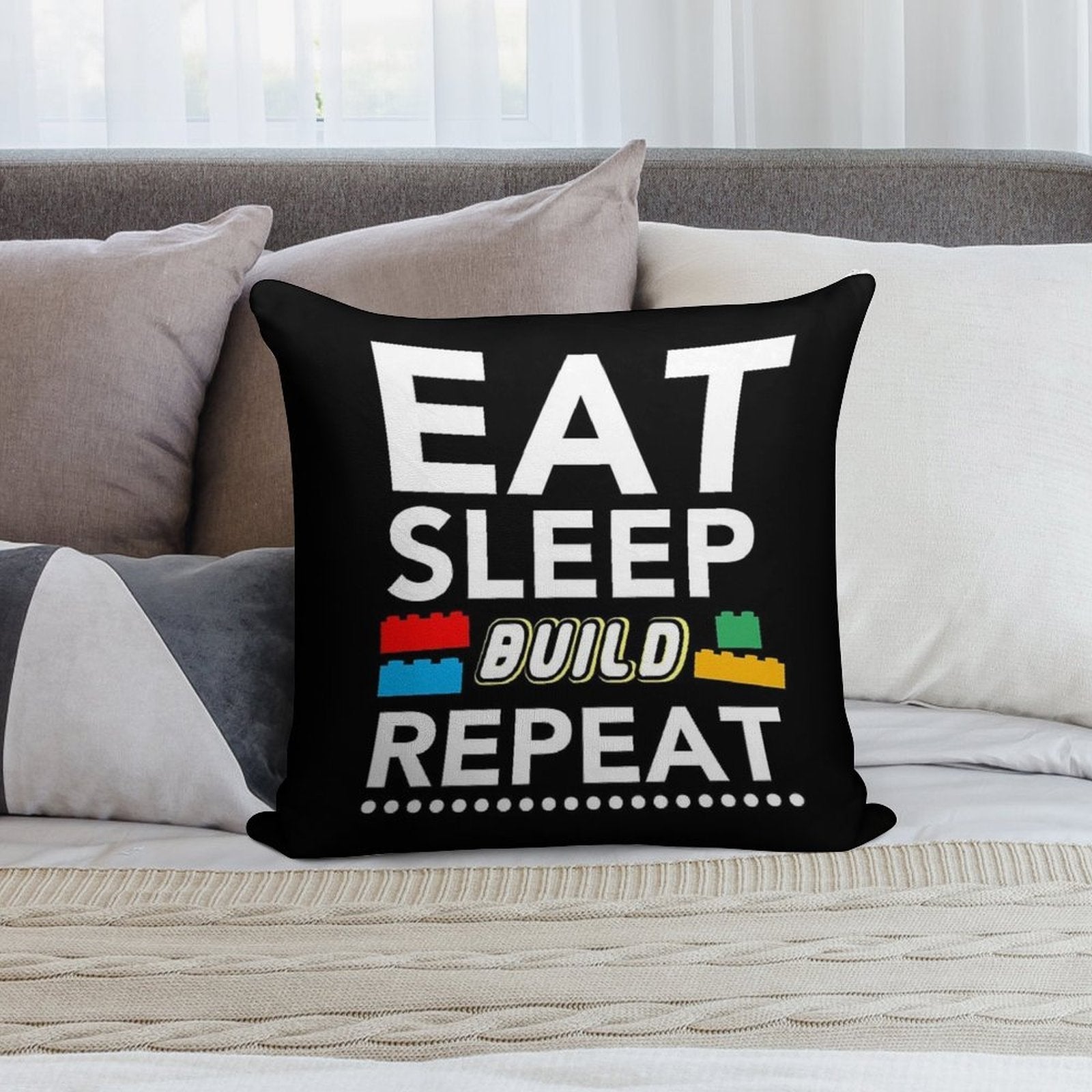 Eat Sleep Build Repeat Building Blocks Bricks Master Builder Soft Gift Ready Throw Pillow
