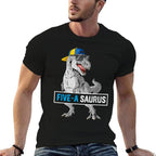 5 Years Old Dinosaur 5th Birthday T Rex Dino Five Saurus  Ribbed Collar T-Shirt