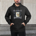 Greetings Huzz Funny Cat Meme Bootleg Graphic Men Women Versatile Streetwear Hoodie