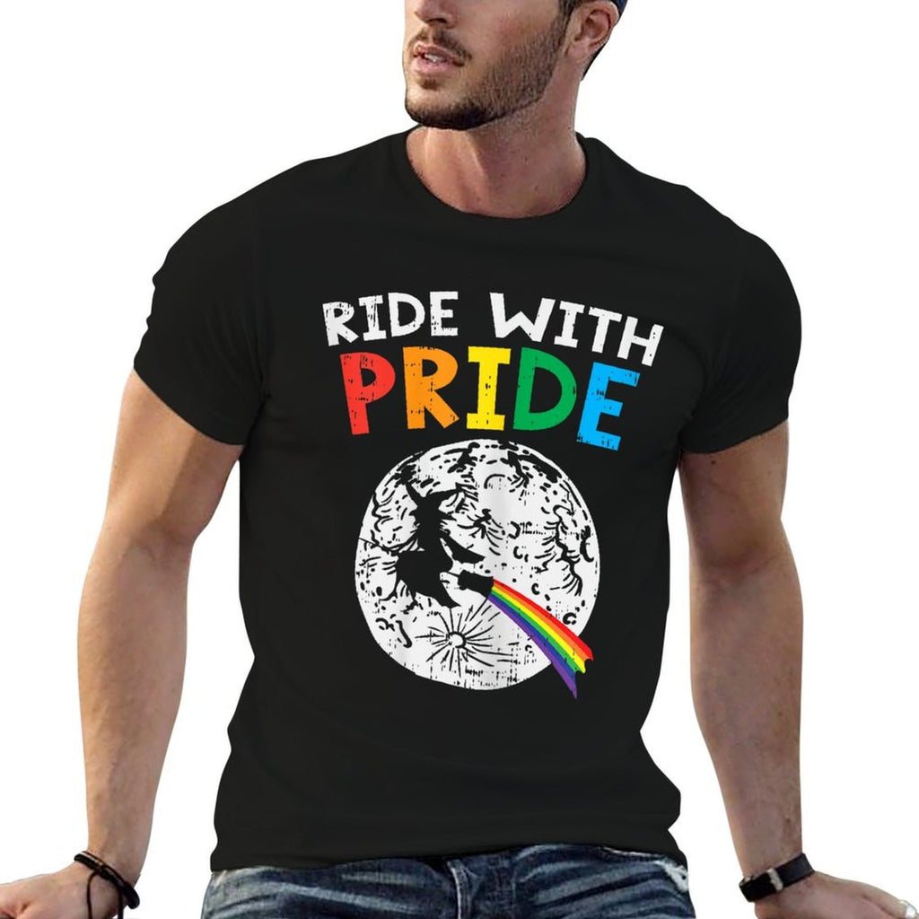 Ride With Pride LGBT Lesbian Witch Gay Rainbow Halloween  Fade-proof Color T-Shirt