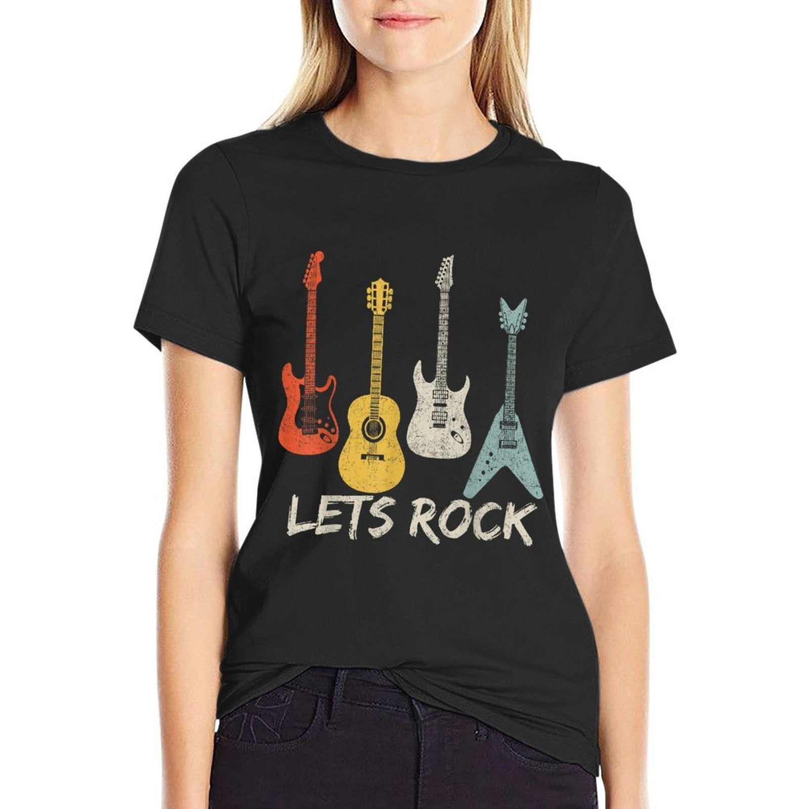 Lets Rock Rock N Roll Guitar Retro Gift Men Women  Oversized Silhouette T-Shirt