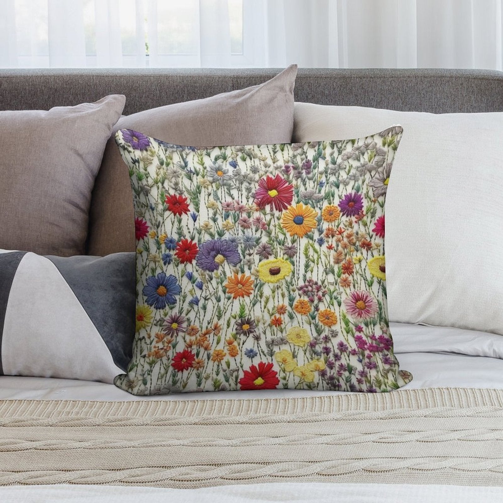 Embroidered Wildflowers Soft Gift Ready Throw Pillow