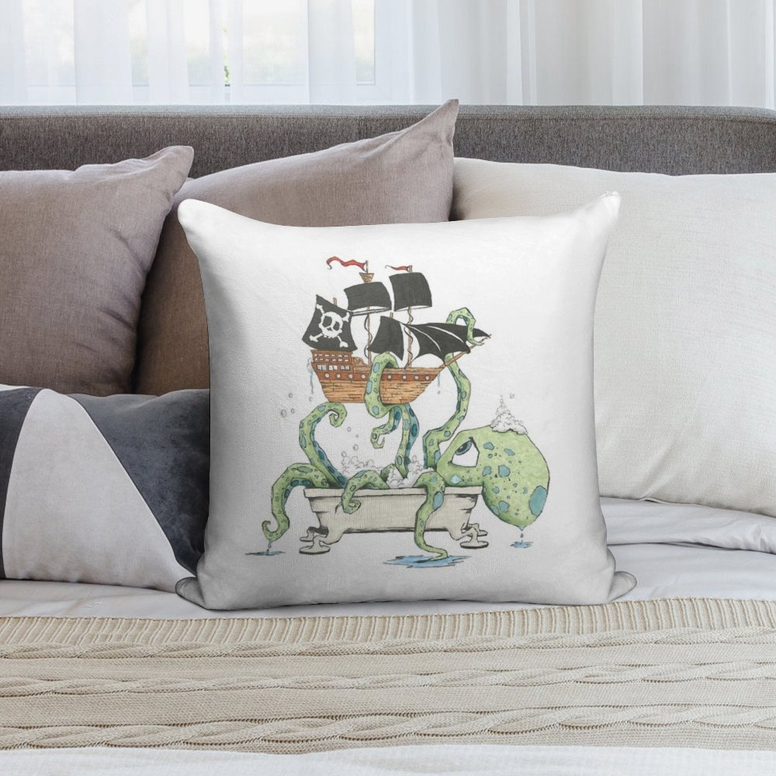 Kraken in The Tub Soft Durable Construction Throw Pillow