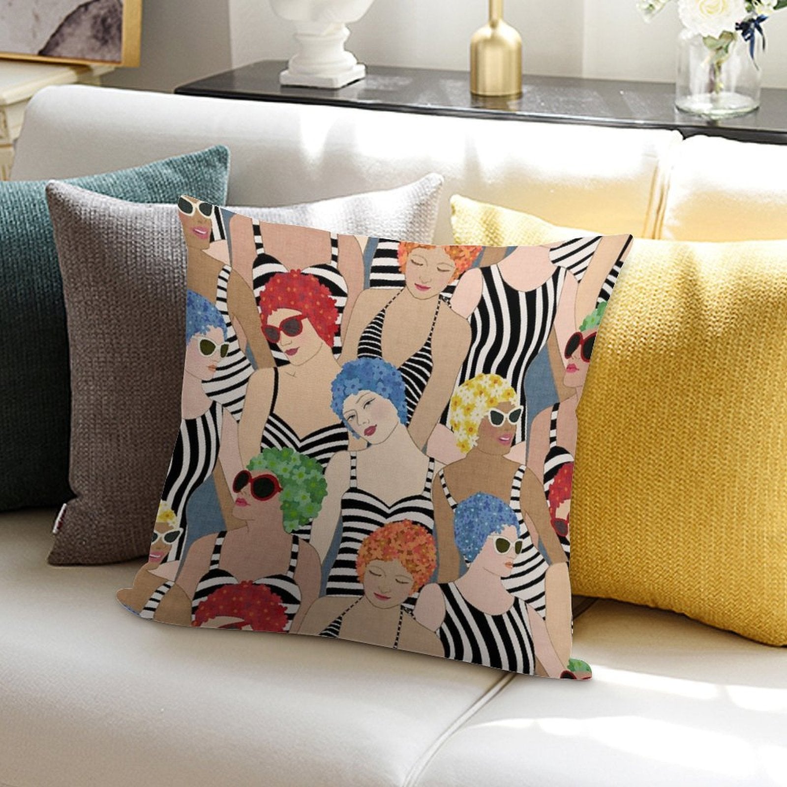 Willow Lake Swim Club Vintage Ladies Bright Soft Reinforced Edging Throw Pillow