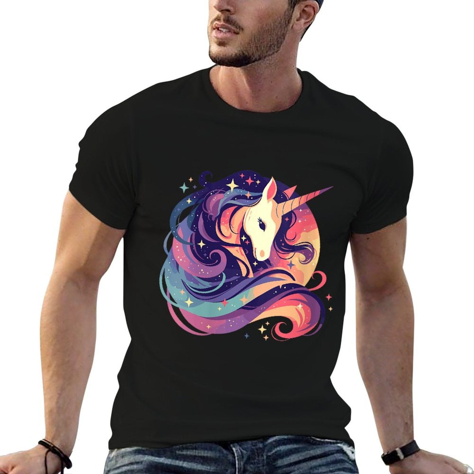 Womens Majestic Sunset Unicorn Art Mystical Creature Fantasy  Graphic-printed T-Shirt