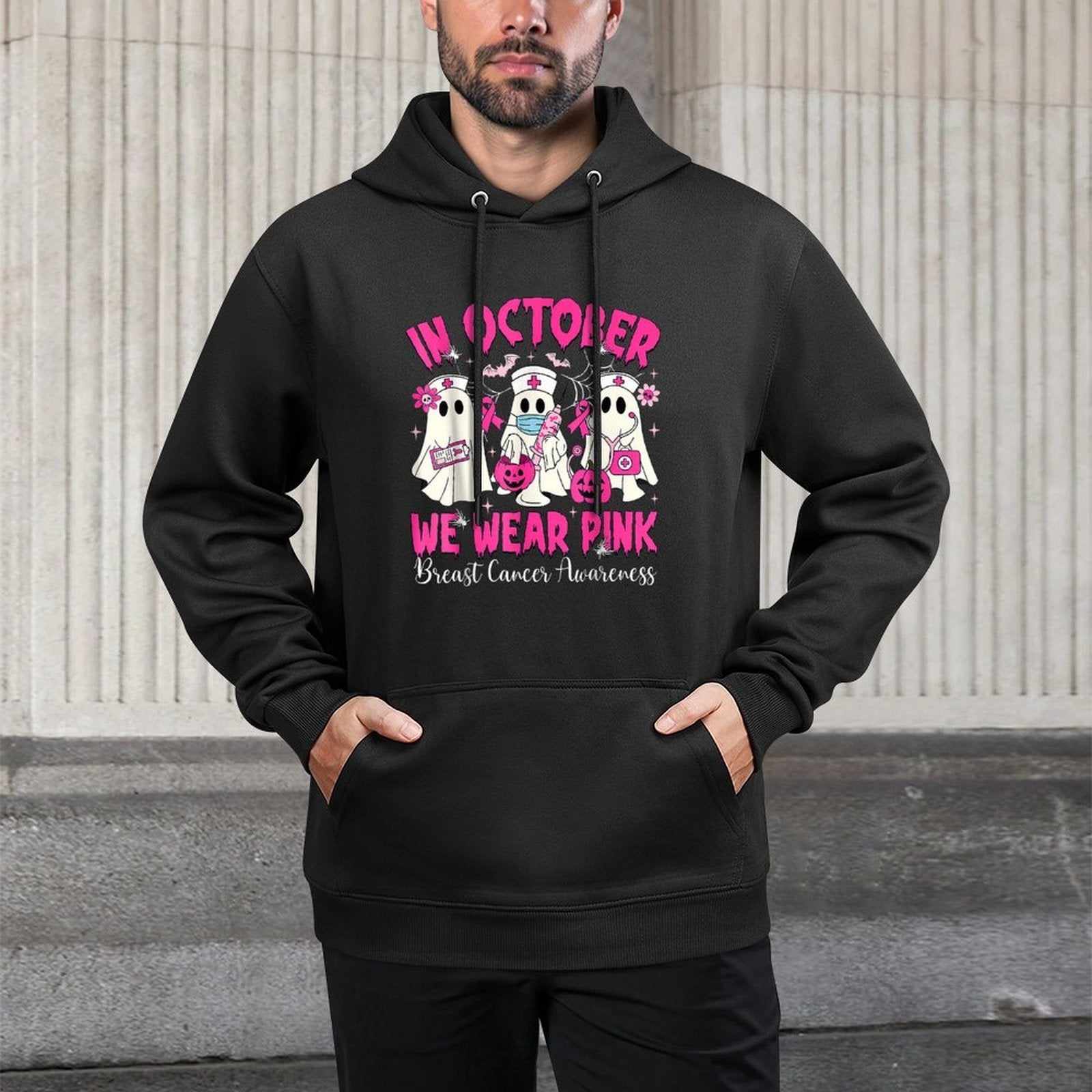 In October We Wear Pink Nurse Ghost Halloween Breast Cancer Easy Care Hoodie