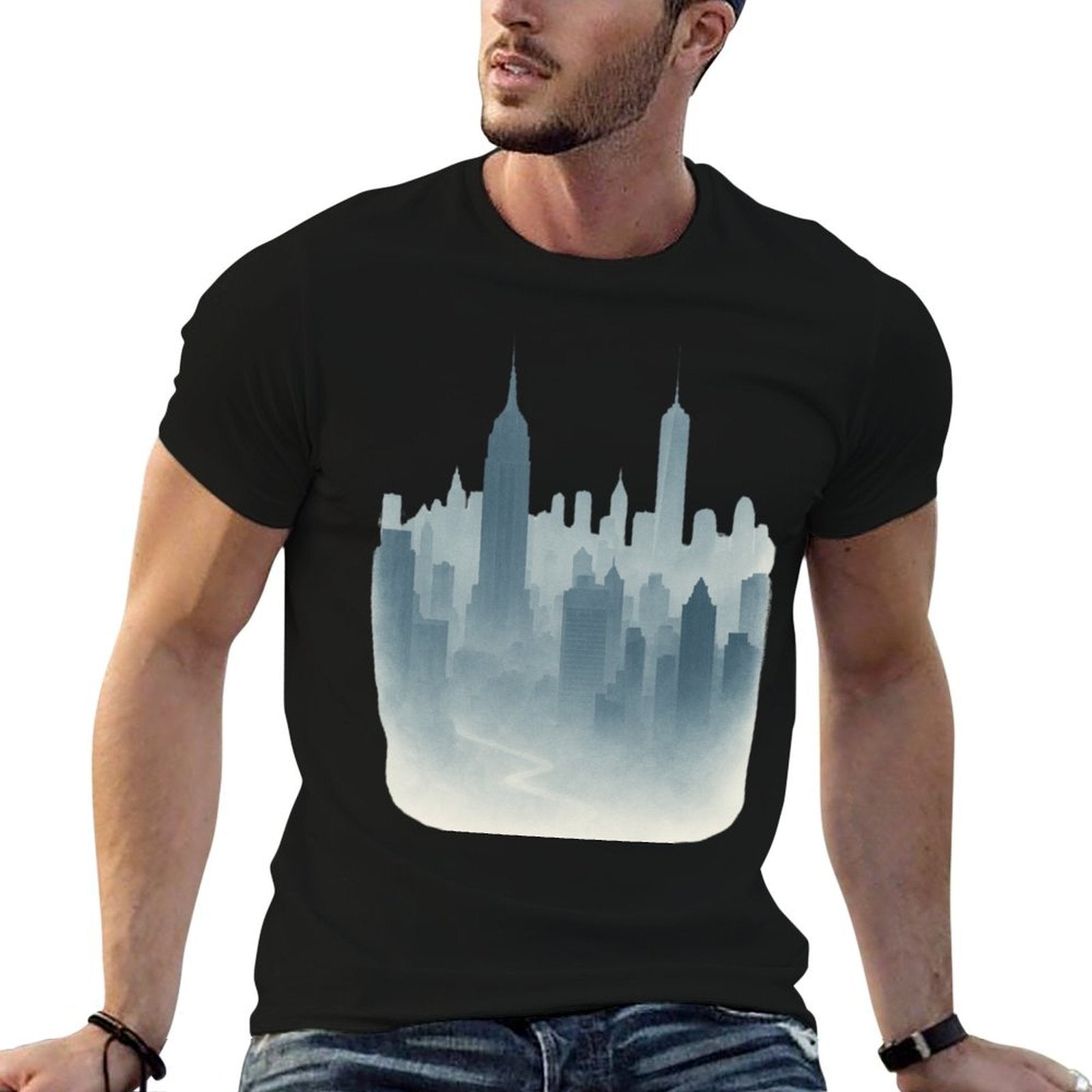 New York Skyline in Fog - Moody Cityscape  Tagless Design T-Shirt