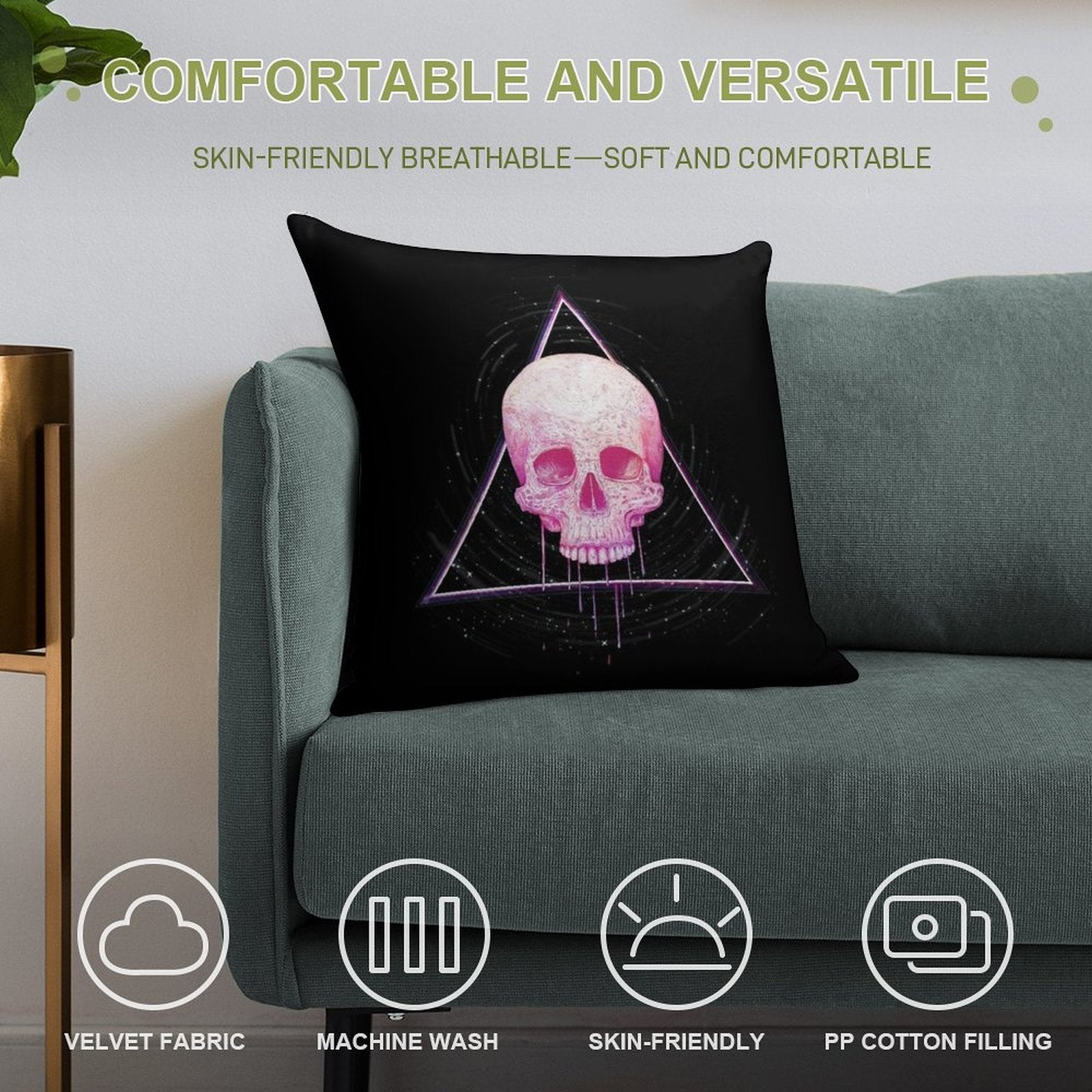 Skull in Triangle on Black Soft Warmth Comfort Throw Pillow