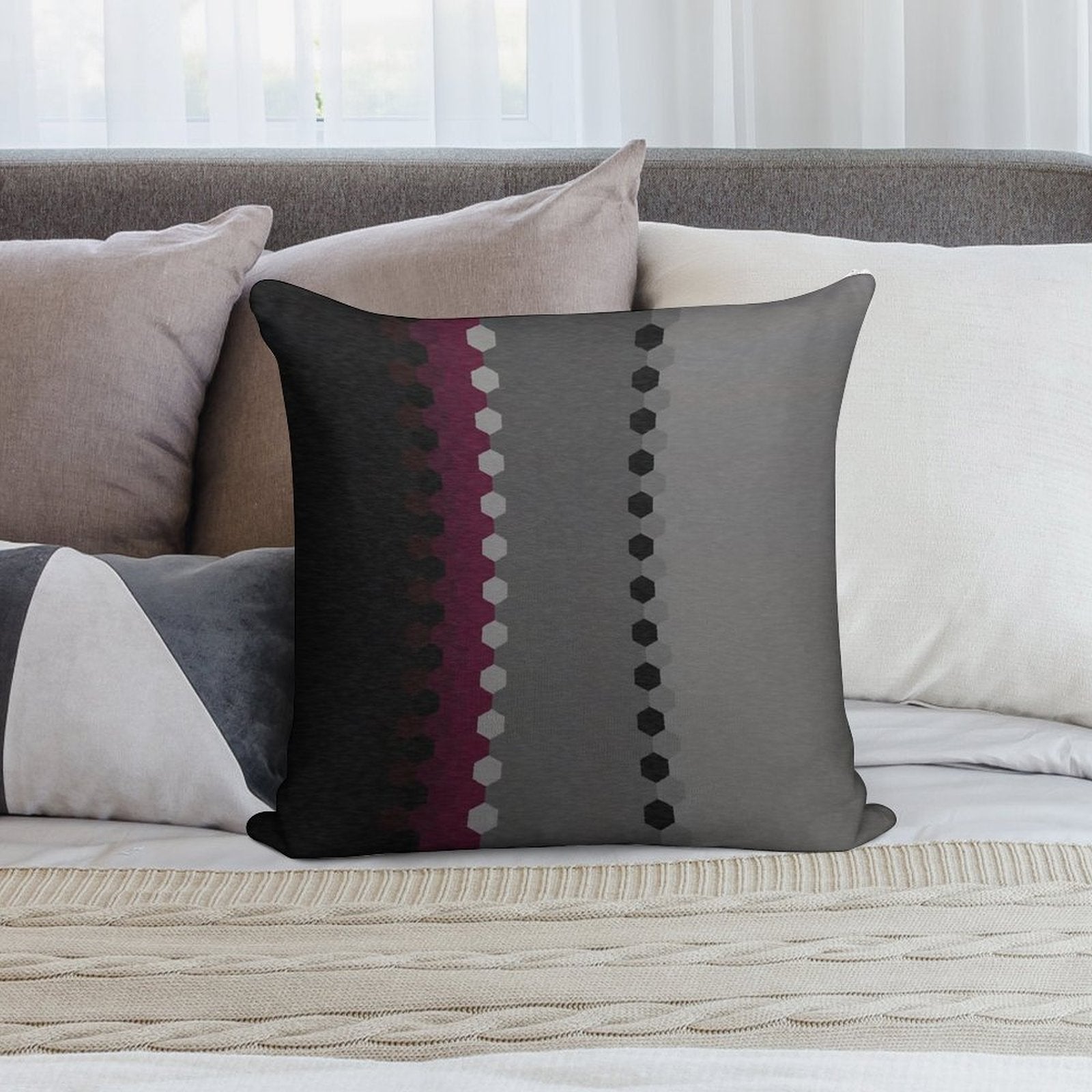 Modern Burgundy Black Grey Dot Stripes Soft High-Density Material Throw Pillow