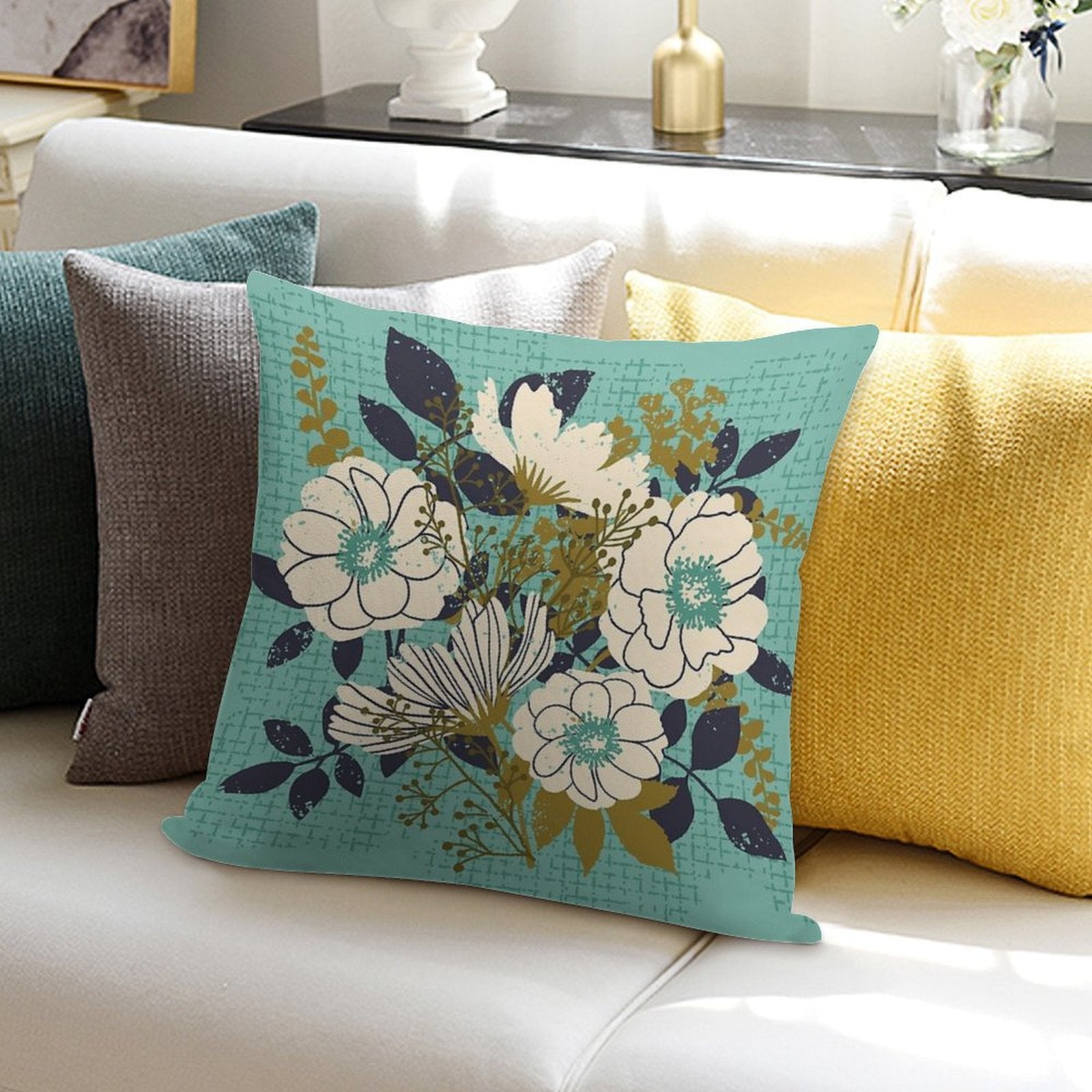 Floral Bouquet ~ on Turquoise Soft Multiple Sizes Throw Pillow