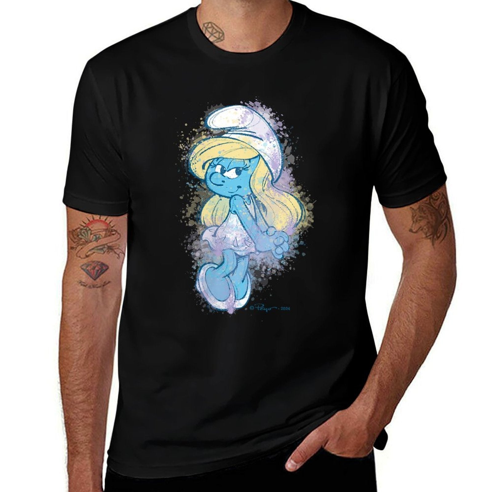 Womens The Smurfs Cute Smurfette Watercolor Portrait Distressed  Odor-resistant T-Shirt