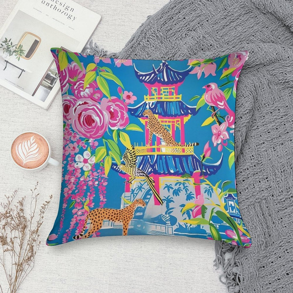 Preppy Cheetah in Chinoiserie Garden in Pink And Cornflower Blue Soft Decorative Cover Throw Pillow
