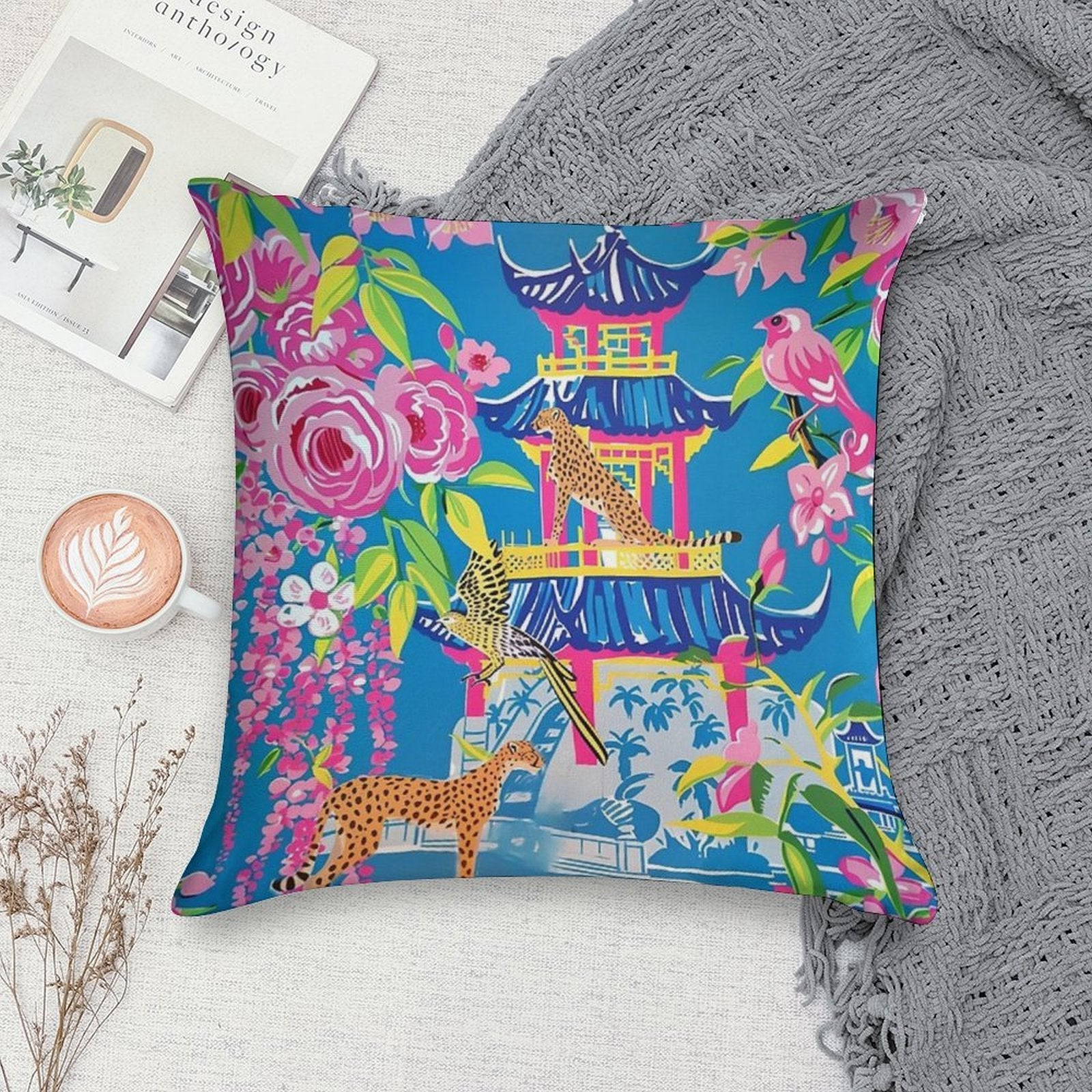 Preppy Cheetah in Chinoiserie Garden in Pink And Cornflower Blue Soft Decorative Cover Throw Pillow