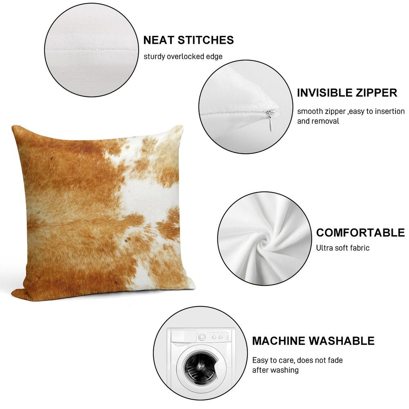 Golden Brown Cow Hide Soft Hidden Zipper Throw Pillow