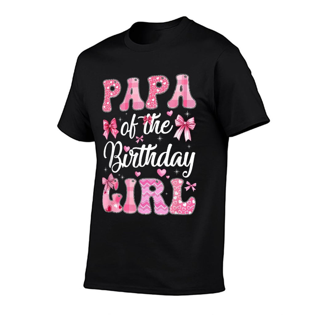 Papa Of The Birthday Girl Family Pink Coquette Bow  Ribbed Collar T-Shirt