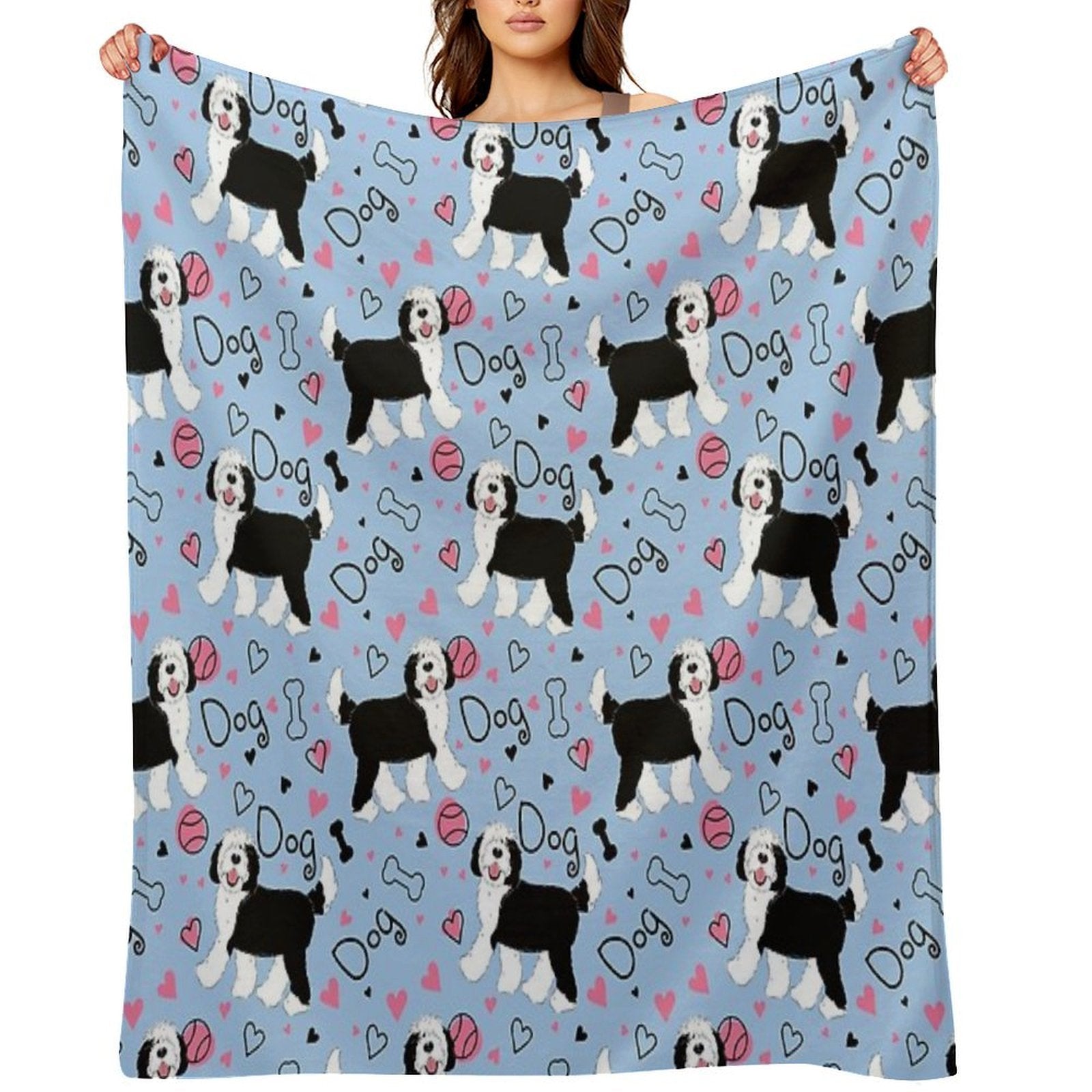Cute Black And White Sheepadoodle Puppy Machine-washable Throw Blanket