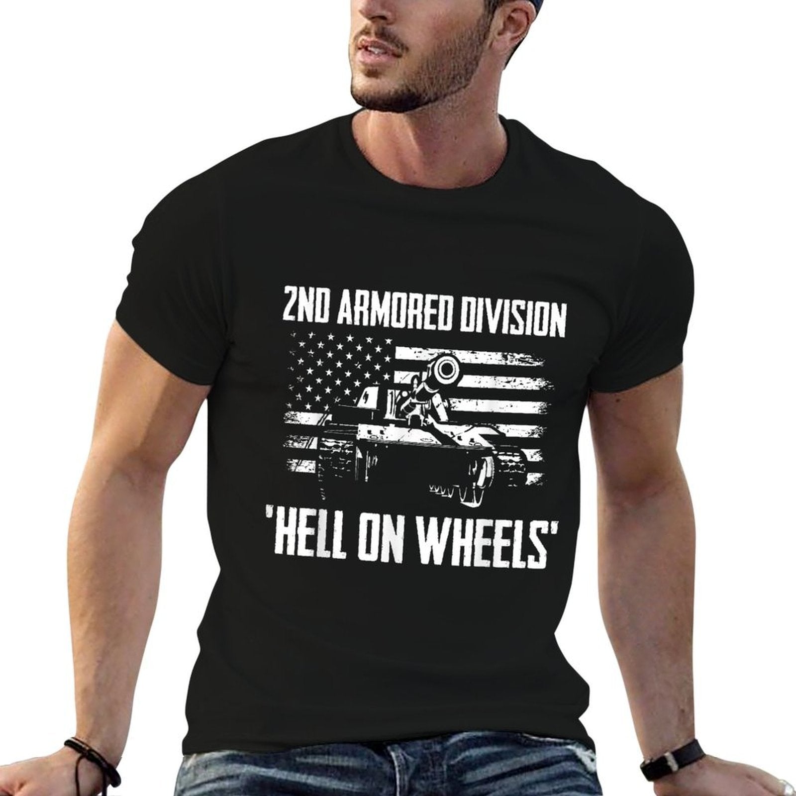 US Army Armor Branch 2nd Armored Division Hell On Wheels - Men's Black Classic Fit Crew Neck - Small  Ribbed Collar T-Shirt