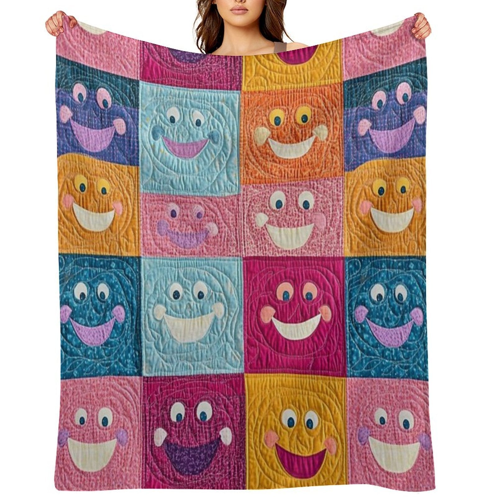 Colorful Smiling Faces Patchwork Pattern – Fun & Cheerful Design Versatility Throw Blanket