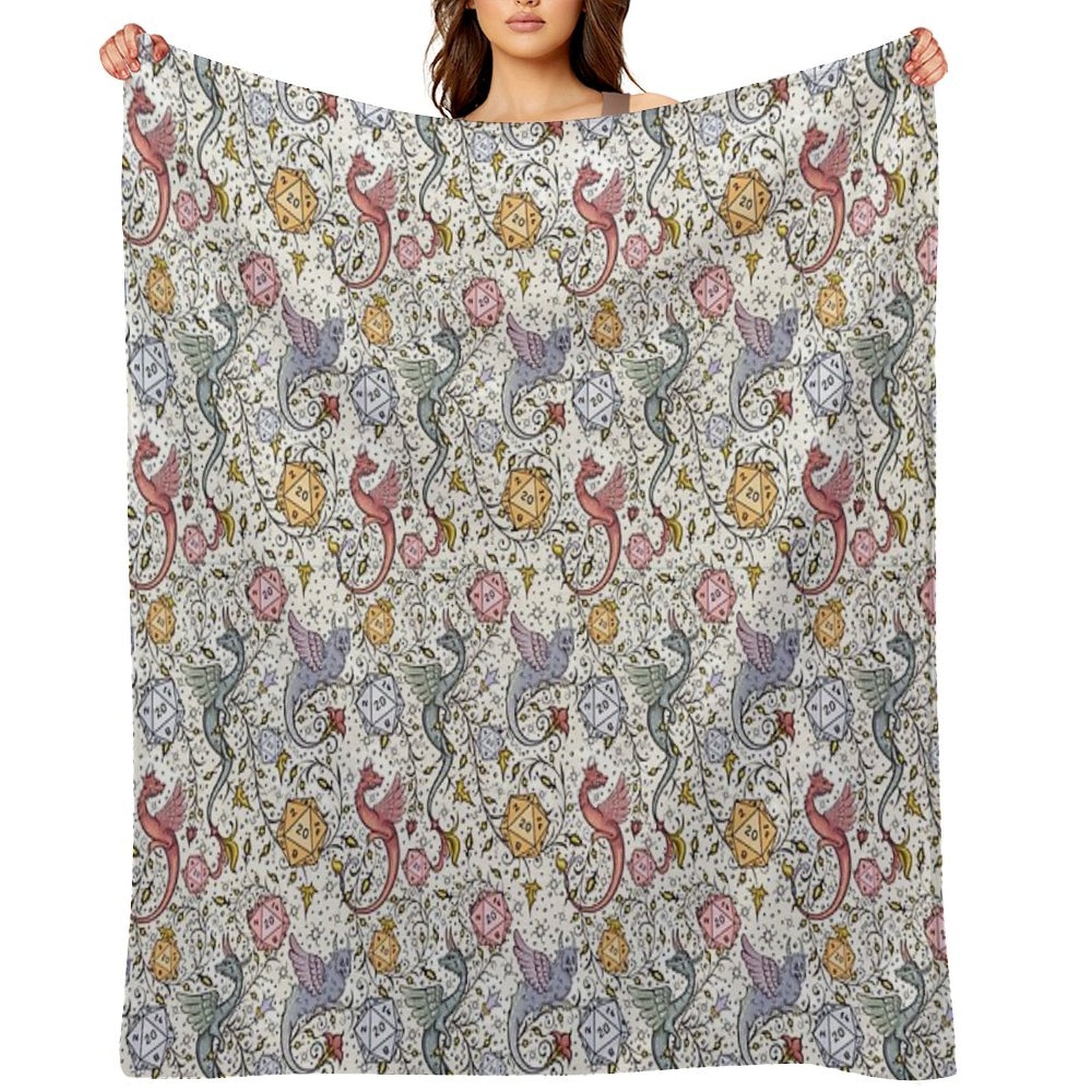 VINTAGE MEDIEVAL DRAGON AND D20 DICE, Dnd Pattern, Floral, Blue, Yellow, Pink Durable Throw Blanket