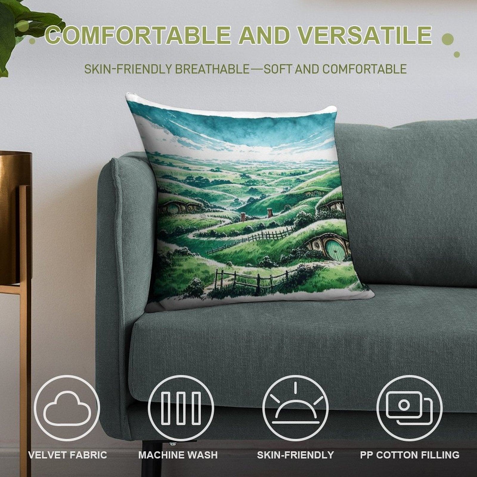 Panoramic Sumi-e Hobbiton Tranquil Fantasy Ink Landscape Soft Luxury Feel Throw Pillow