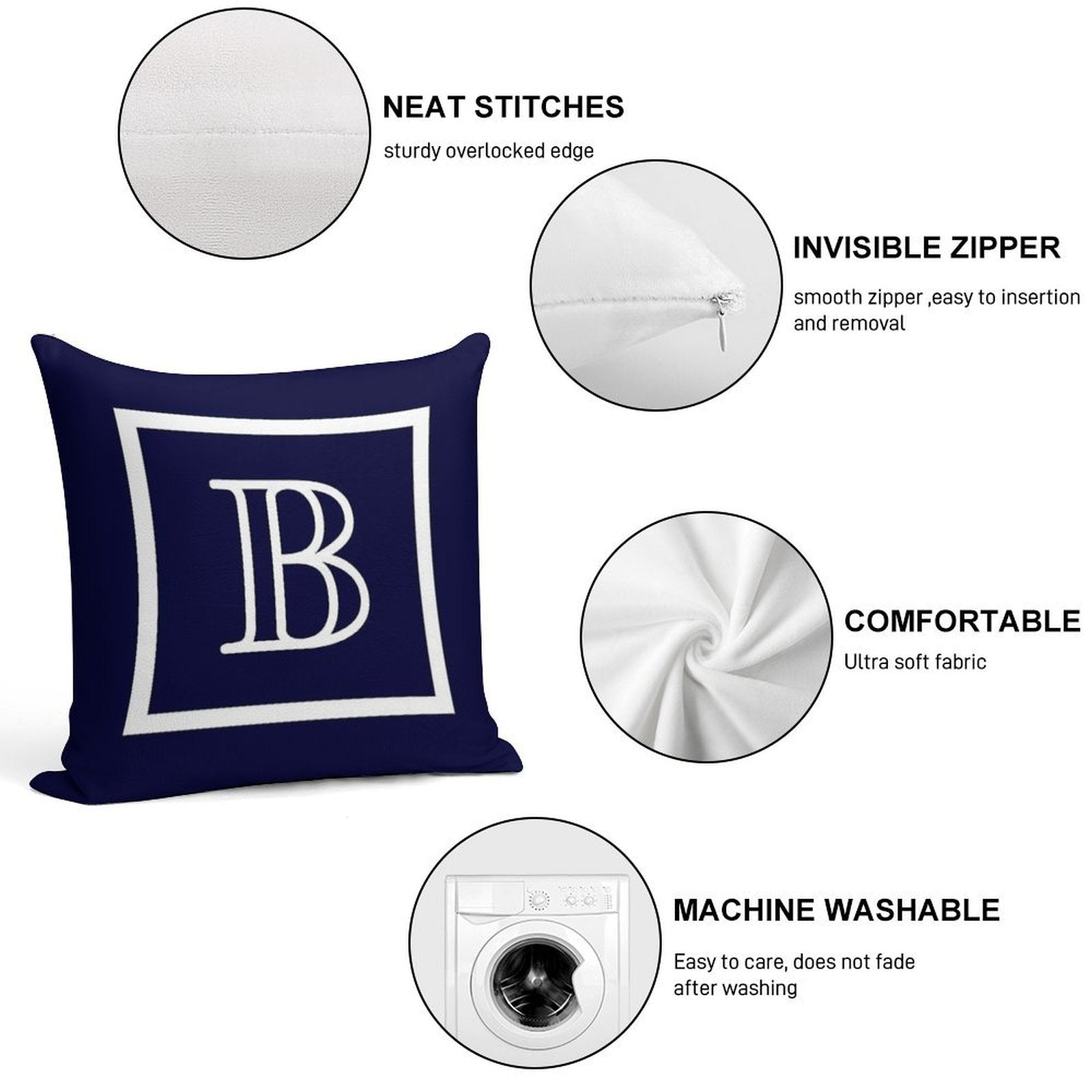 Navy Blue White Monogram B In A Square Soft High-Density Material Throw Pillow