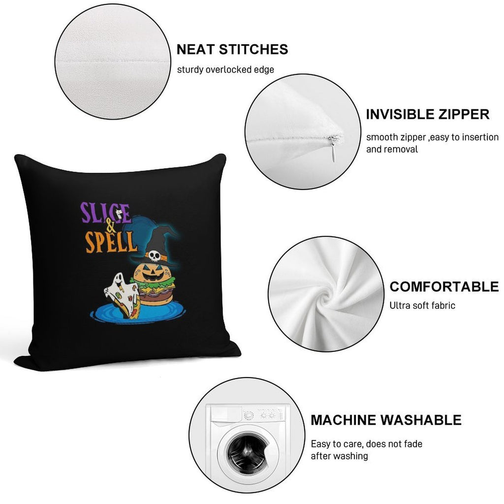 Slice And Spell Halloween Burger Pizza Shirt Soft Fade-Resistant Throw Pillow