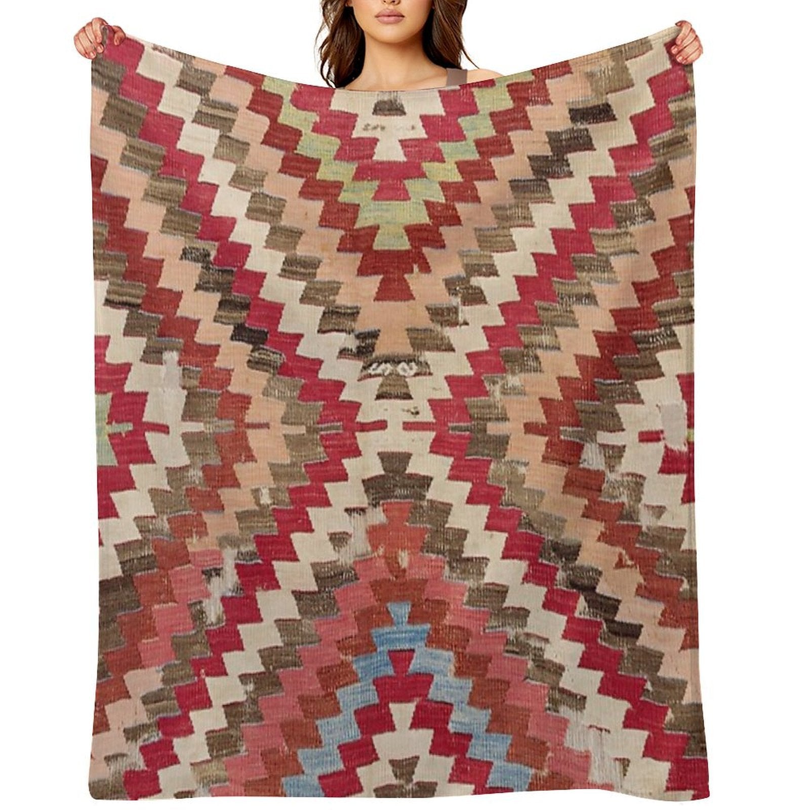 Baklava Chevron Star II  18th Century Authentic Colorful Light Pink Green Blue Accent Pattern Sustainable Throw Blanket