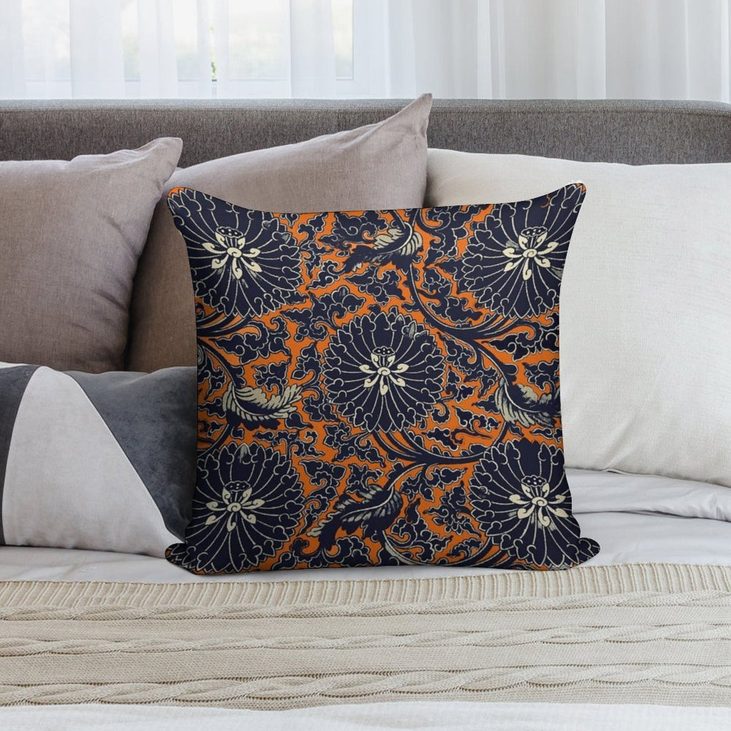 Chinese Peonies with Acanthus Leaves Floral Pattern in Orange And Black Soft Shrink-Resistant Throw Pillow