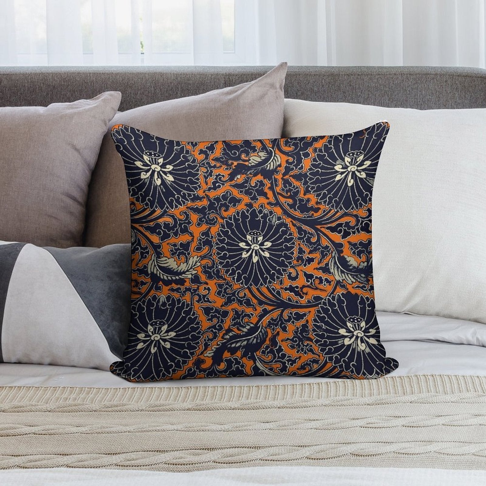 Chinese Peonies with Acanthus Leaves Floral Pattern in Orange And Black Soft Shrink-Resistant Throw Pillow