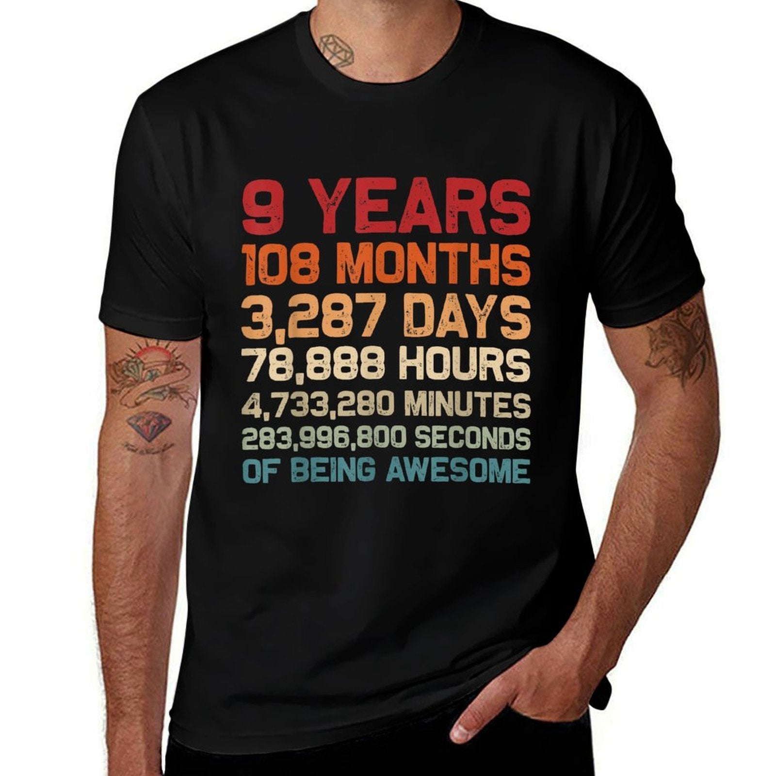 9 Years of Being Awesome Months, Days, Minutes 9th Birthday  Relaxed-fit T-Shirt