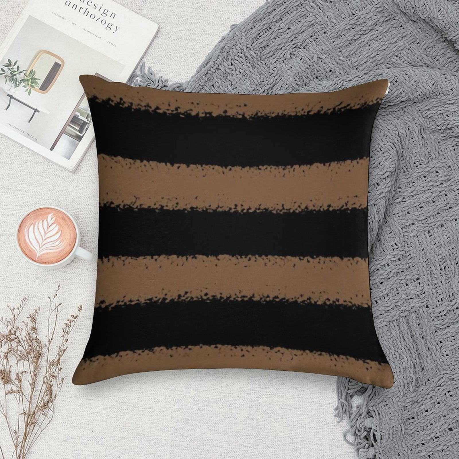 Brown And Black Horizontal Stripe Pattern Coordinates W Sherwin Williams 2022 Popular Color Uber Umber SW 9107 Soft Fade-Resistant Throw Pillow