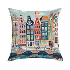 Amsterdam Canal Poster - Colorful Houses And Buildings Illustration Soft Gift Ready Throw Pillow