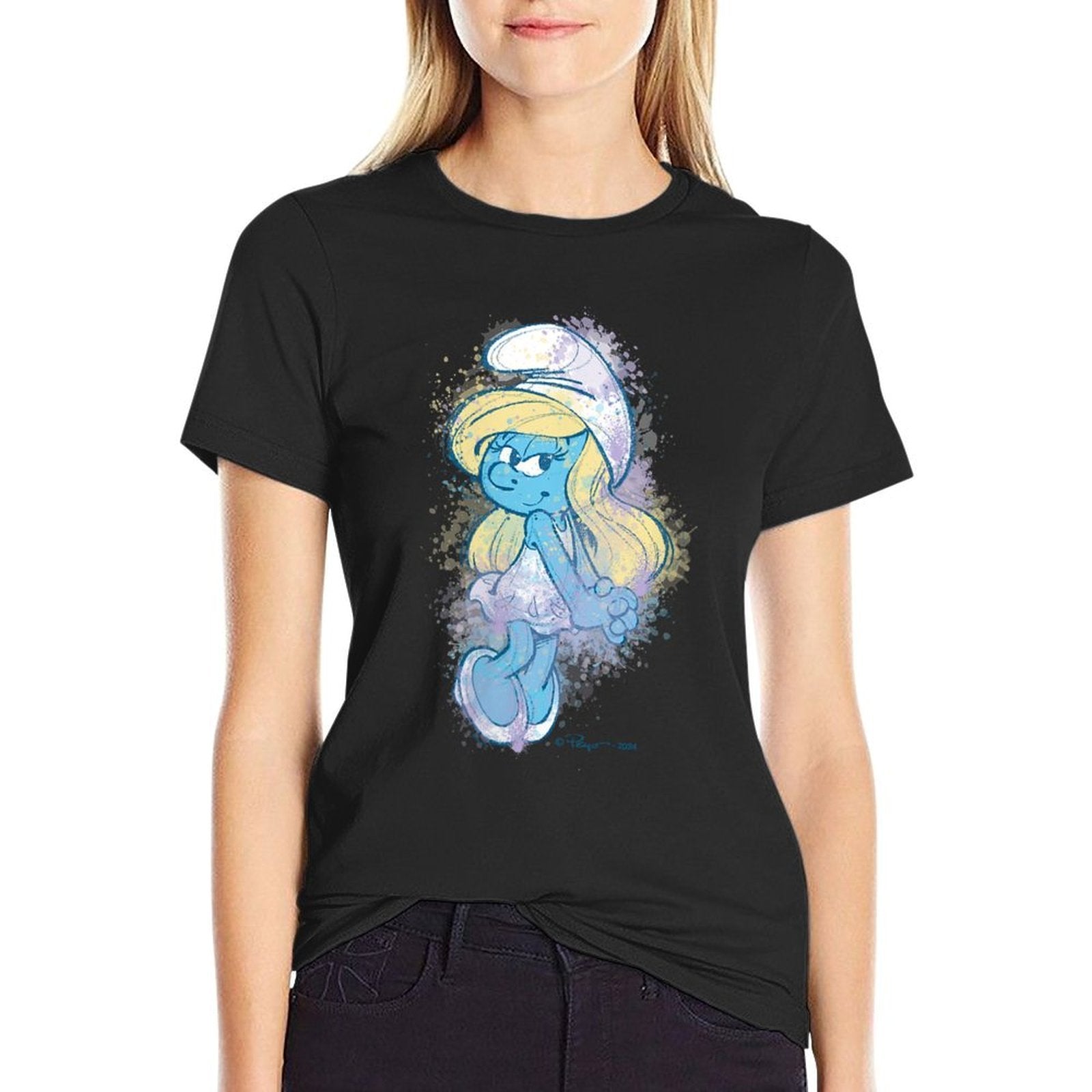 Womens The Smurfs Cute Smurfette Watercolor Portrait Distressed  Odor-resistant T-Shirt