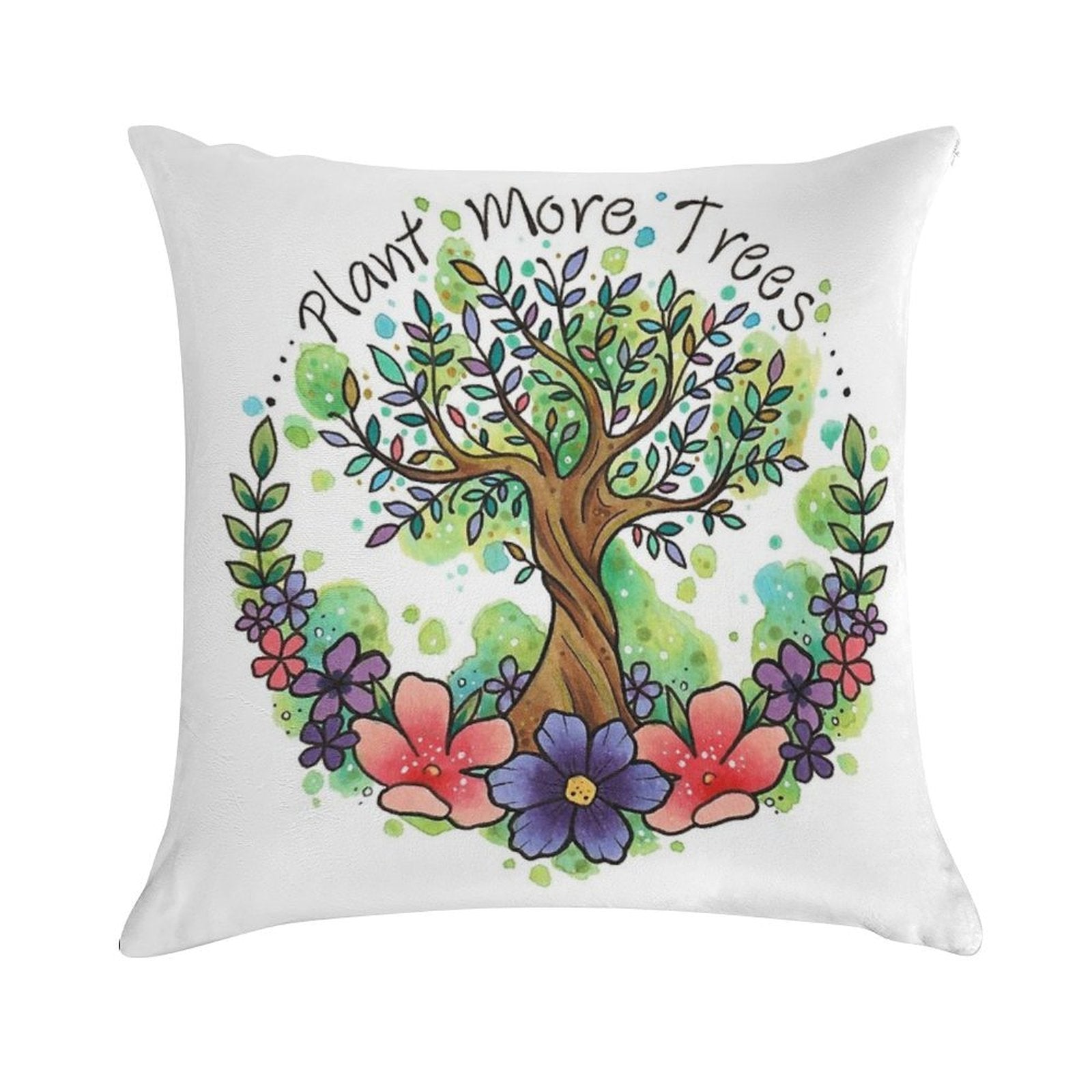 Green Trees And Flowers Eco Design Soft Reinforced Edging Throw Pillow