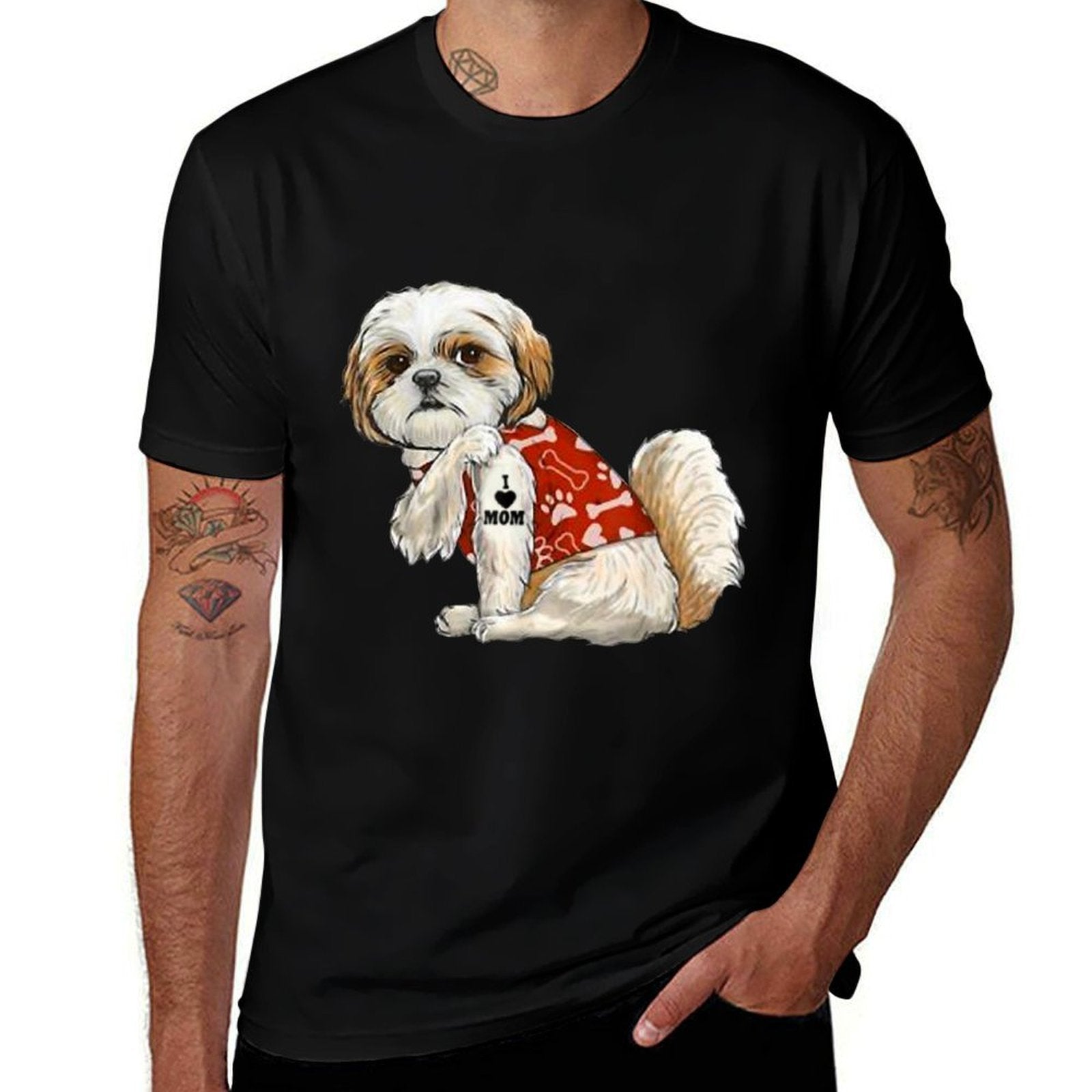 I Love Mom Tattoo Shih Tzu Mom Funny Mothers Day Gift  Ribbed Collar T-Shirt