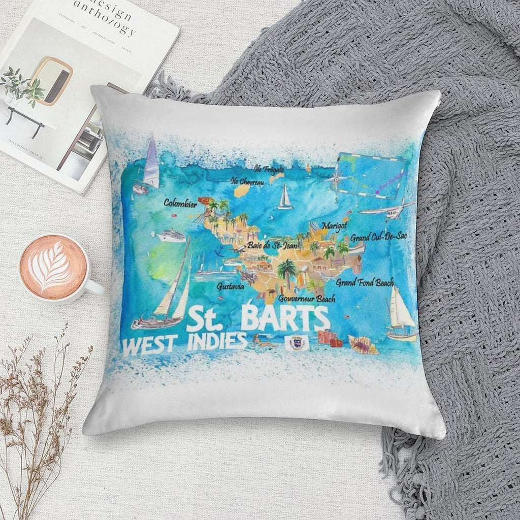 St Barts Antilles Illustrated Caribbean Map with Highlights of West Indies Island Dream Soft Bedroom Essential Throw Pillow